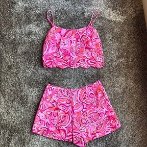 Lilly Pulitzer Pink and Orange Patterned Shirt and Short Set